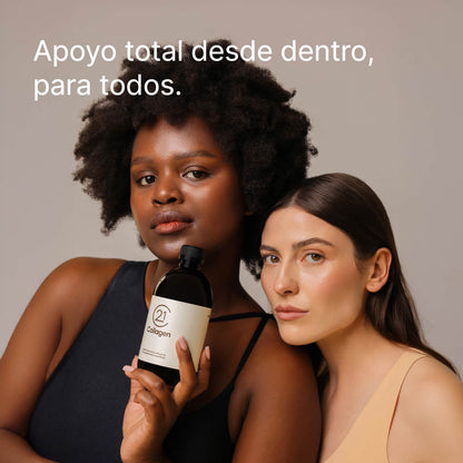 Dos mujeres con diferentes tonos de piel sostienen una botella de 21Collagen; mensaje: “Apoyo completo desde dentro, para todos” belleza inclusiva y natural.