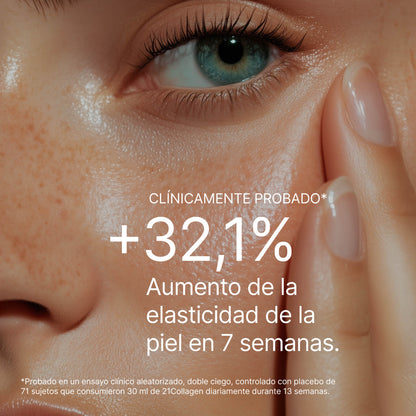 Mujer con piel lisa y elástica tocándose el rostro, junto al texto “+32,1% de aumento en la elasticidad de la piel en 7 semanas”, clínicamente probado con 21Collagen.