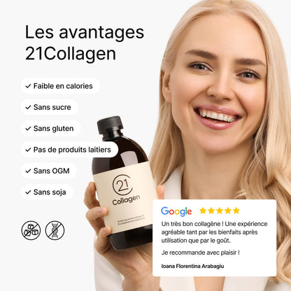 Femme blonde souriante tenant une bouteille de 21Collagen, avec une liste d’avantages : sans sucre, sans gluten, sans produits laitiers, sans soja, sans OGM, faible en calories ; avis Google 5 étoiles.