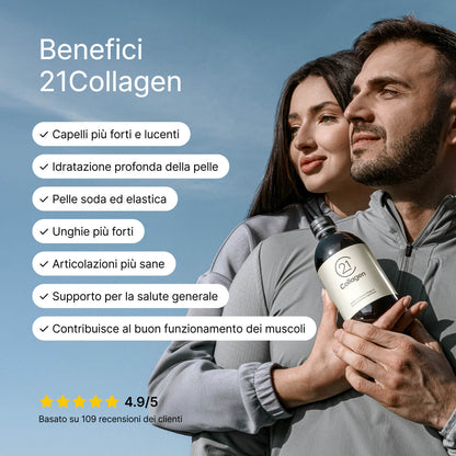 Coppia in abbigliamento sportivo con bottiglia di 21Collagen in mano sotto cielo azzurro; elenco dei benefici per pelle, capelli, articolazioni e muscoli. Valutazione 4,9/5 da 109 recensioni