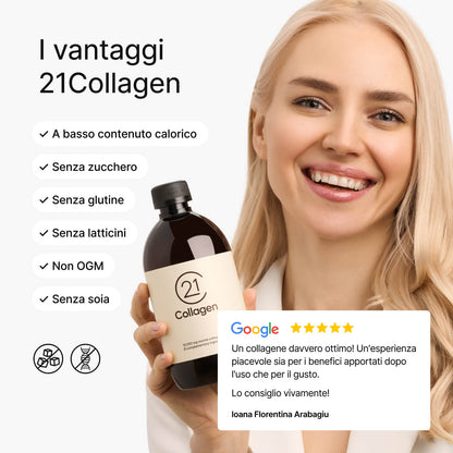 Donna bionda sorridente con una bottiglia di 21Collagen in mano; accanto, lista dei benefici: senza zucchero, glutine, latticini, soia, OGM, a basso contenuto calorico; recensione Google 5 stelle.