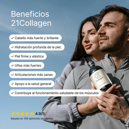 Pareja con ropa deportiva sosteniendo una botella de 21Collagen bajo el cielo azul, con texto de beneficios para piel, cabello, articulaciones y músculos; calificación 4.9/5 basada en 109 reseñas.