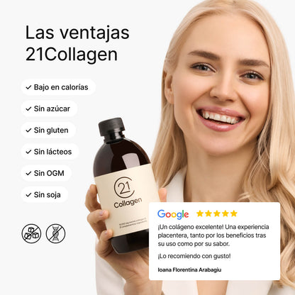 Mujer rubia sonriente sosteniendo una botella de 21Collagen; a su lado, beneficios: sin azúcar, sin gluten, sin lácteos, sin soja, sin OGM, bajo en calorías; reseña de 5 estrellas.