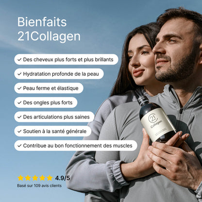 Couple en tenue de sport tenant une bouteille de 21Collagen sous un ciel bleu, avec une liste des bienfaits pour la peau, les cheveux, les articulations et les muscles ; note 4,9/5 sur 109 avis.