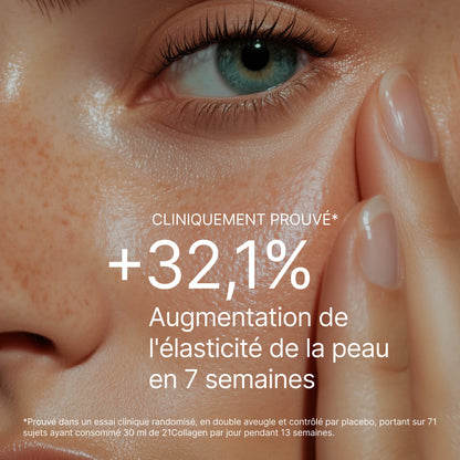 Femme à la peau lisse et lumineuse touchant son visage, avec le texte « +32,1 % d’élasticité cutanée en 7 semaines », prouvé cliniquement avec 21Collagen.