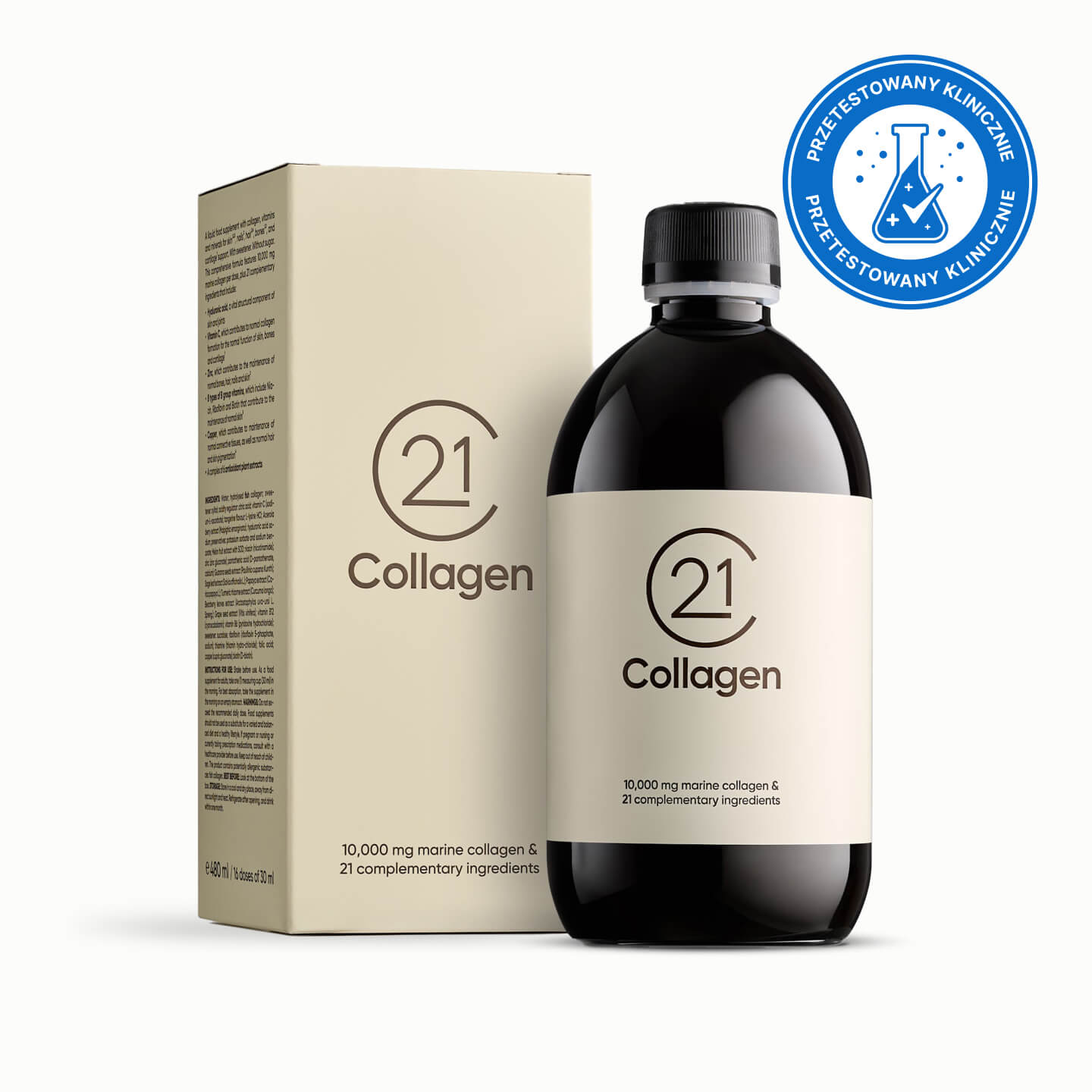 Butelka i opakowanie 21Collagen z niebieskim oznaczeniem „Testowany klinicznie” na białym tle.