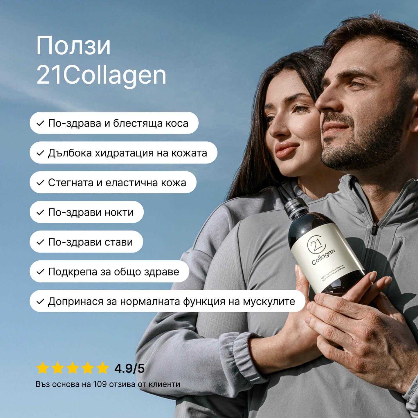 Двойка в спортни дрехи, държи бутилка 21Collagen на фона на синьо небе, с текст: „Ползи за кожата, косата, ставите и мускулите“, оценка 4.9 от 109 клиента.