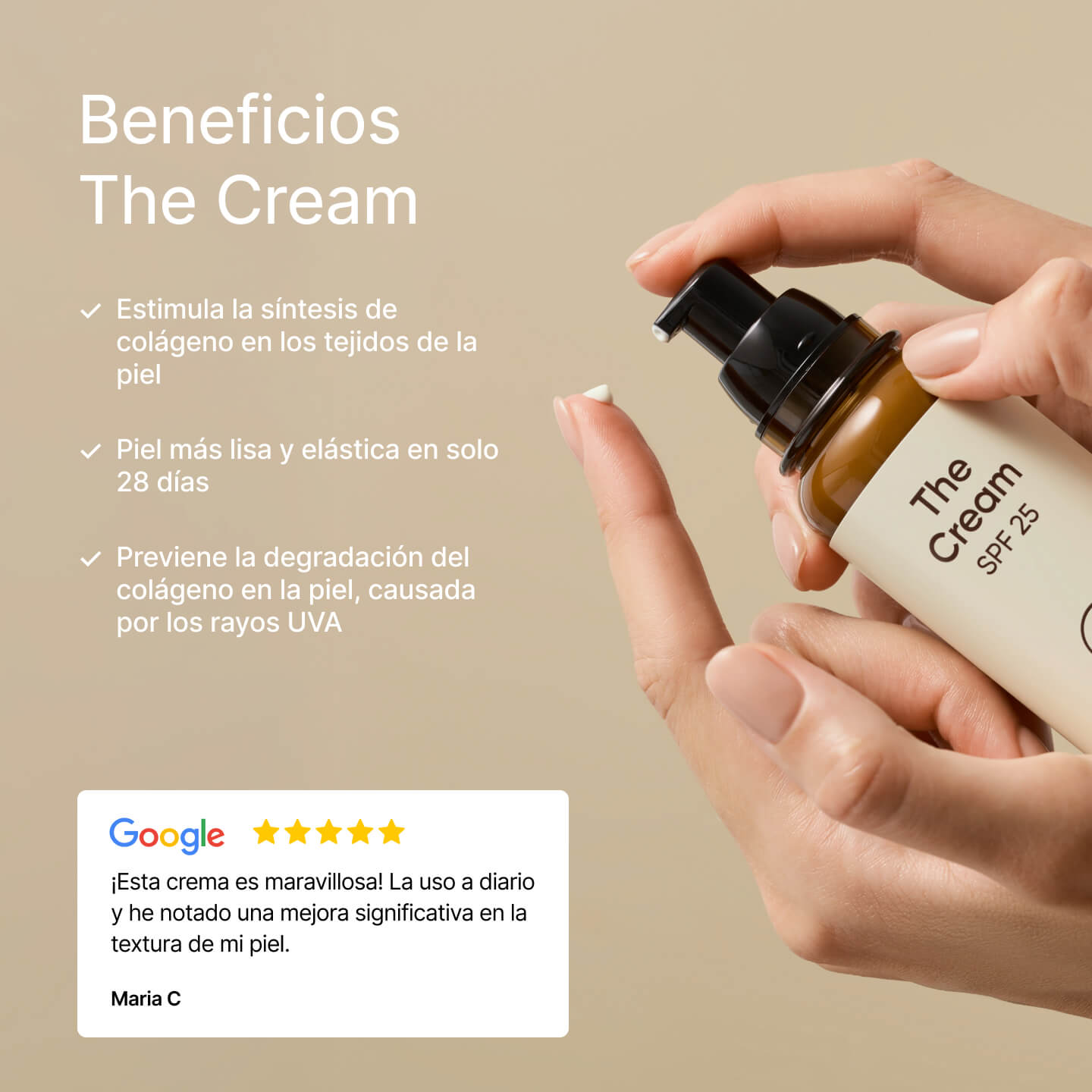 Una mujer sostiene The Cream SPF 25 de 21Collagen y aplica una porción en su dedo, con beneficios destacados y opinión de cliente.