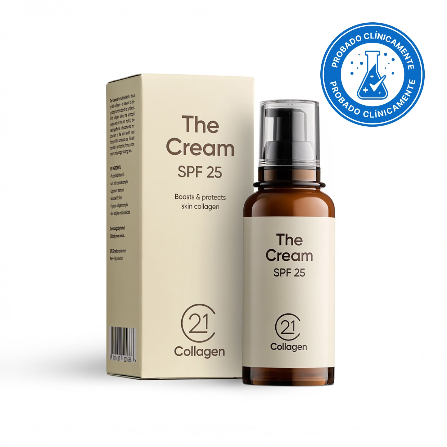 Botella y caja del producto 21Collagen The Cream SPF 25 con sello “Probado clínicamente”; crema de día que protege y estimula el colágeno de la piel.