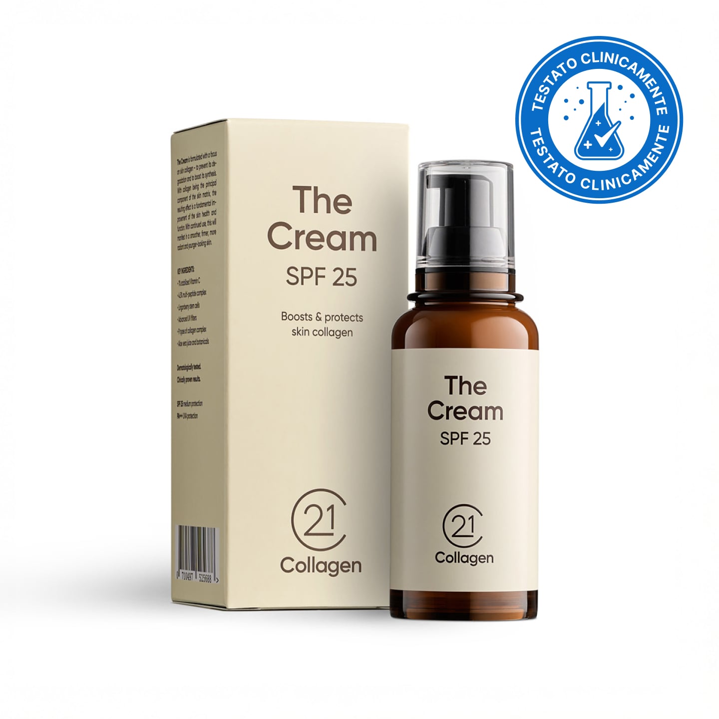 Confezione e flacone di 21Collagen The Cream SPF 25 con sigillo “Clinicamente testato”; crema giorno che protegge e stimola il collagene della pelle.