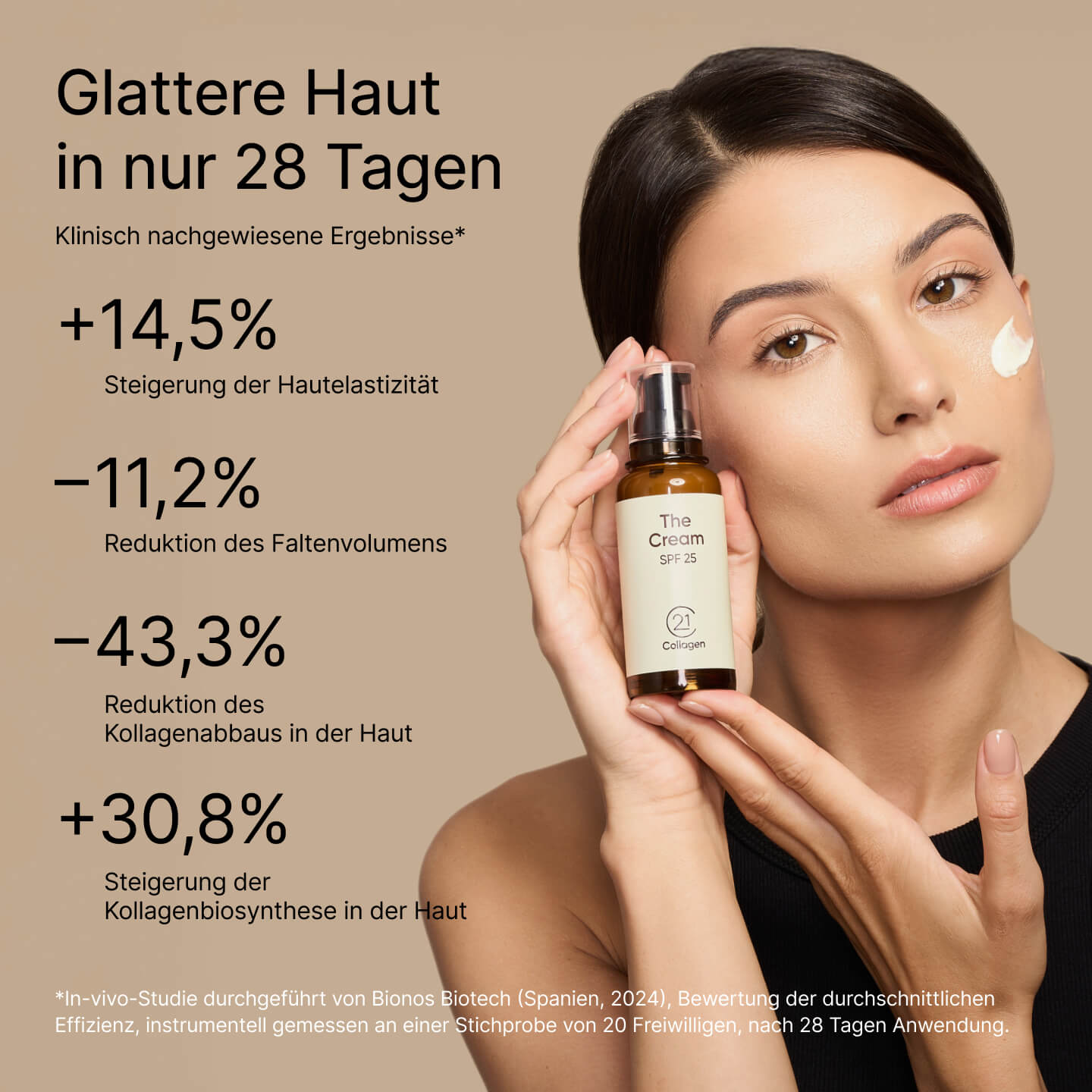 Жена нанася The Cream SPF 25 от 21Collagen; клинично доказани резултати: по-гладка кожа само за 28 дни, с подобрена еластичност и намалени бръчки.