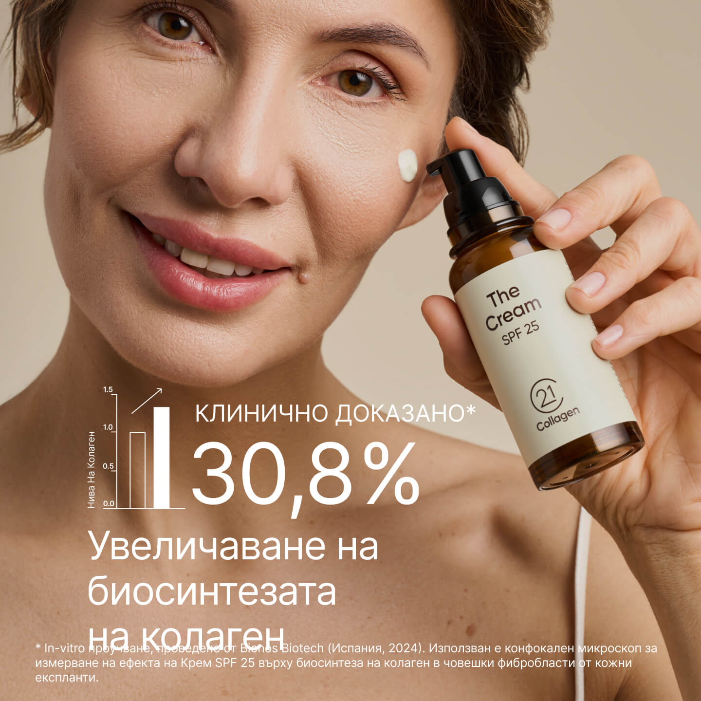 Усмихната зряла жена нанася крем The Cream SPF 25 върху лицето си, държи флакона и до нея се вижда надпис „+30,8% увеличаване на биосинтезата на колаген – клинично доказано“.