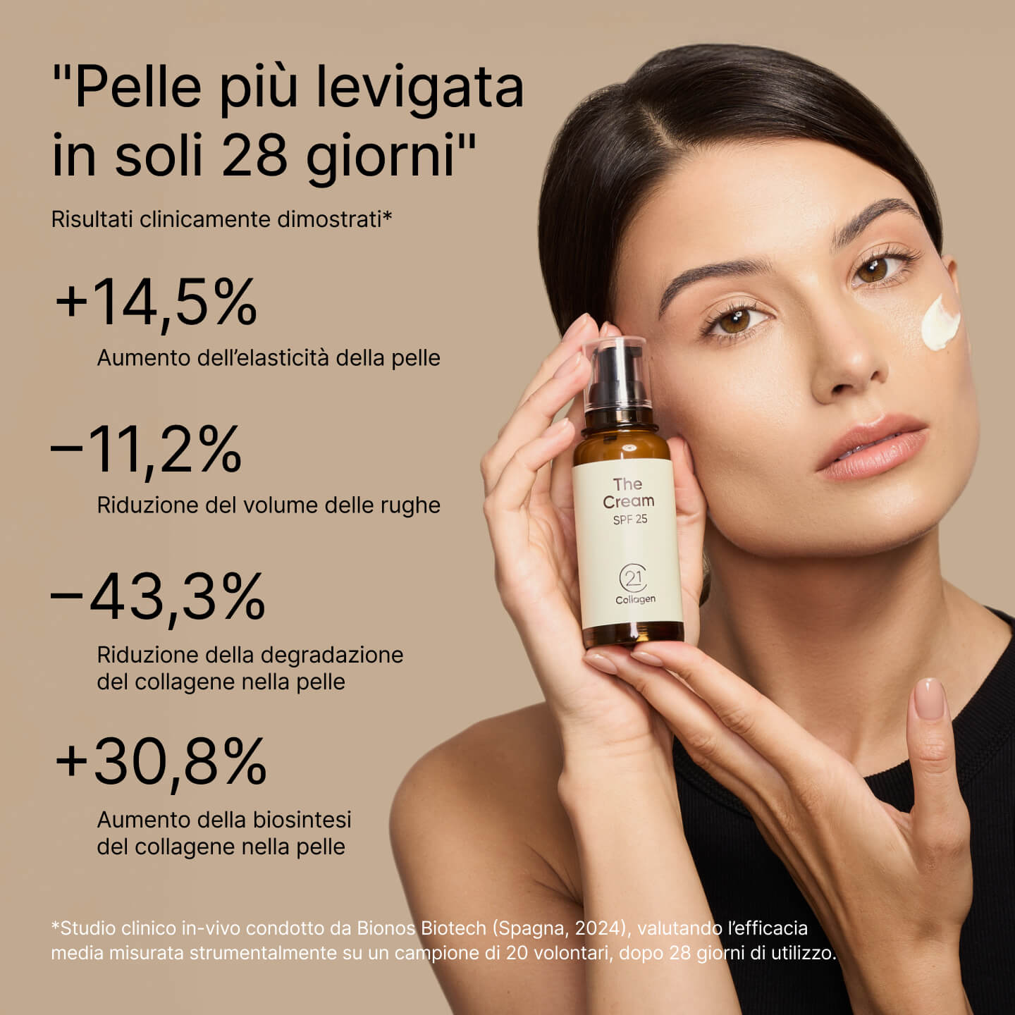 Donna che applica The Cream SPF 25 di 21Collagen; risultati clinicamente provati: pelle più liscia in 28 giorni, maggiore elasticità e riduzione delle rughe.