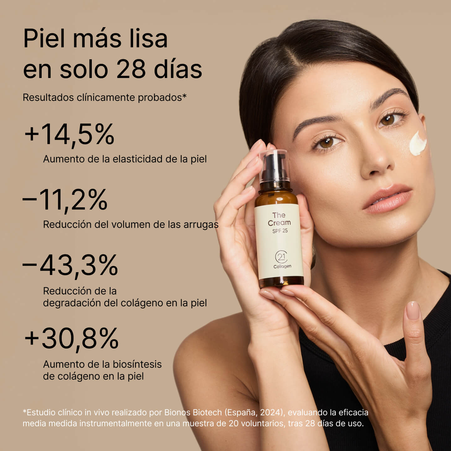 Mujer aplicando The Cream SPF 25 de 21Collagen; resultados clínicamente probados: piel más suave en 28 días, mejor elasticidad y reducción de arrugas.