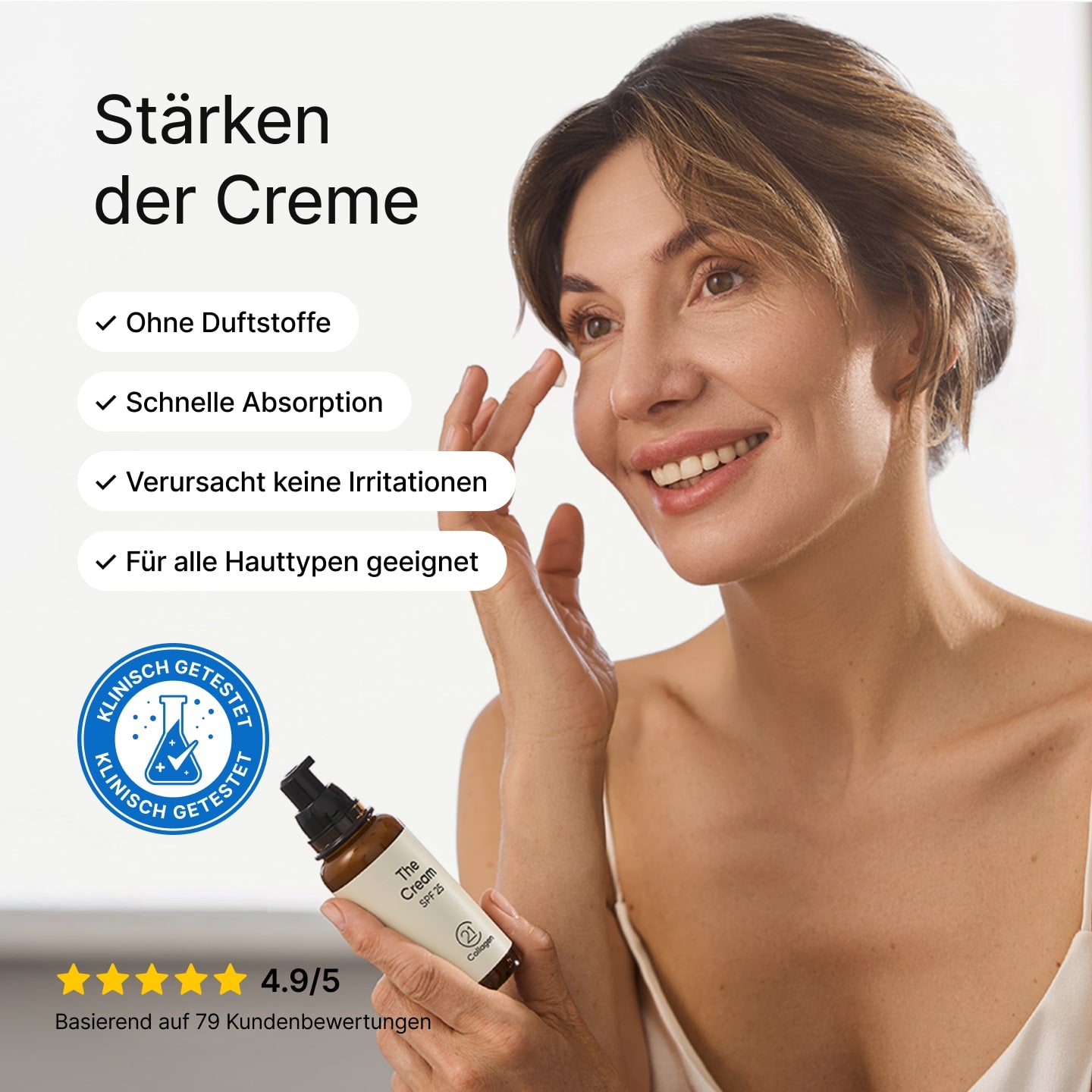 Frau trägt The Cream SPF 25 von 21Collagen auf – klinisch getestete Creme, ohne Duftstoffe, zieht schnell ein, geeignet für alle Hauttypen.