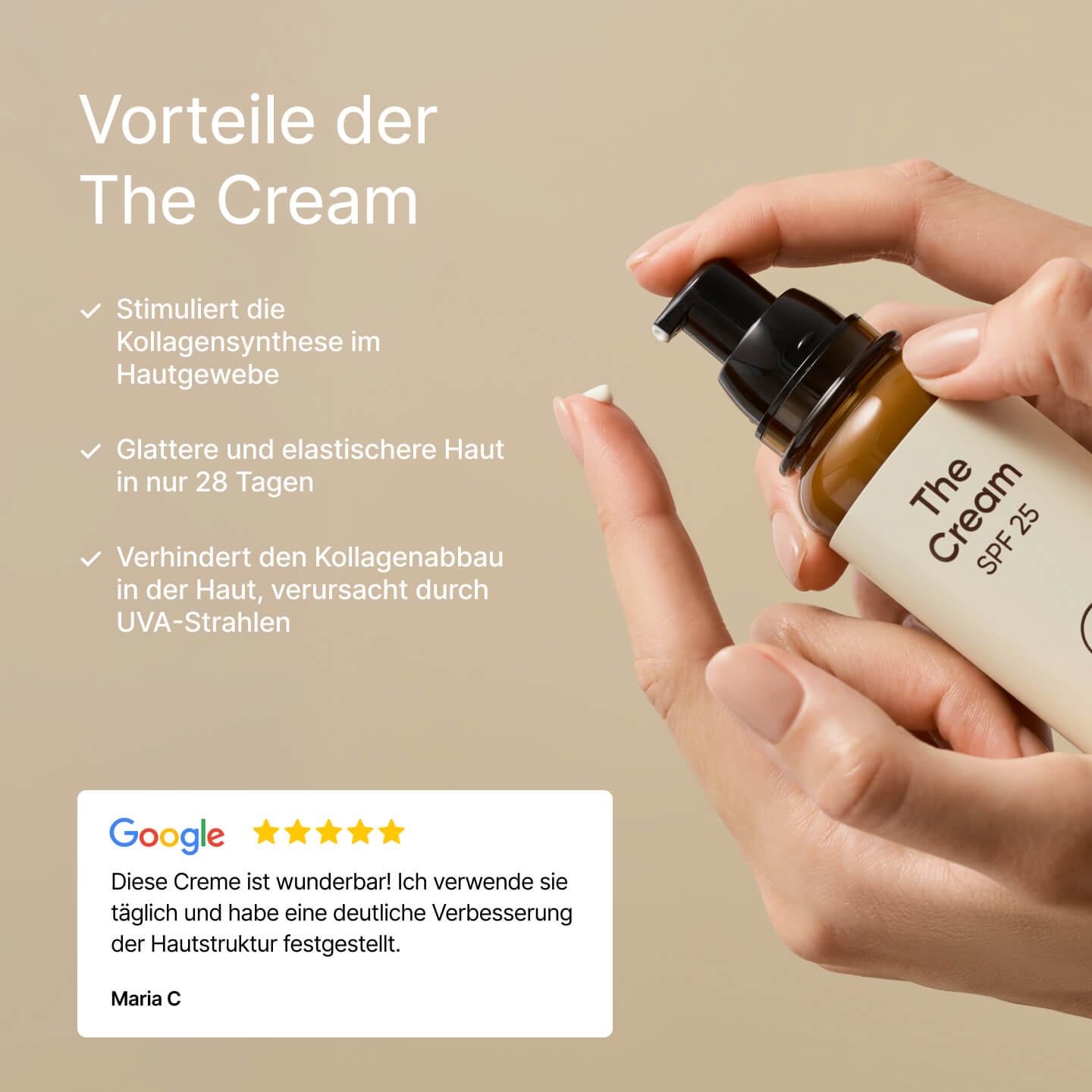Eine Frau hält The Cream SPF 25 von 21Collagen und trägt eine kleine Menge auf ihren Finger auf, mit aufgelisteten Vorteilen und Kundenbewertung.